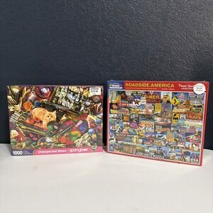 2× Jigsaw Puzzle Lot – Springbok "Unexpected Mews" + White Mountain "Roadside Am